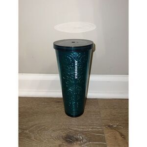 Starbucks Embossed Tin Floral Metallic Foil Teal Blue Cold Cup 24oz Tumbler 2017